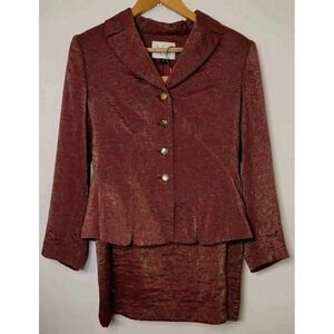Le Suit Skirt Suit Size Petite‎ 8P Two Piece Set Red Gold Jacquard Shimmer